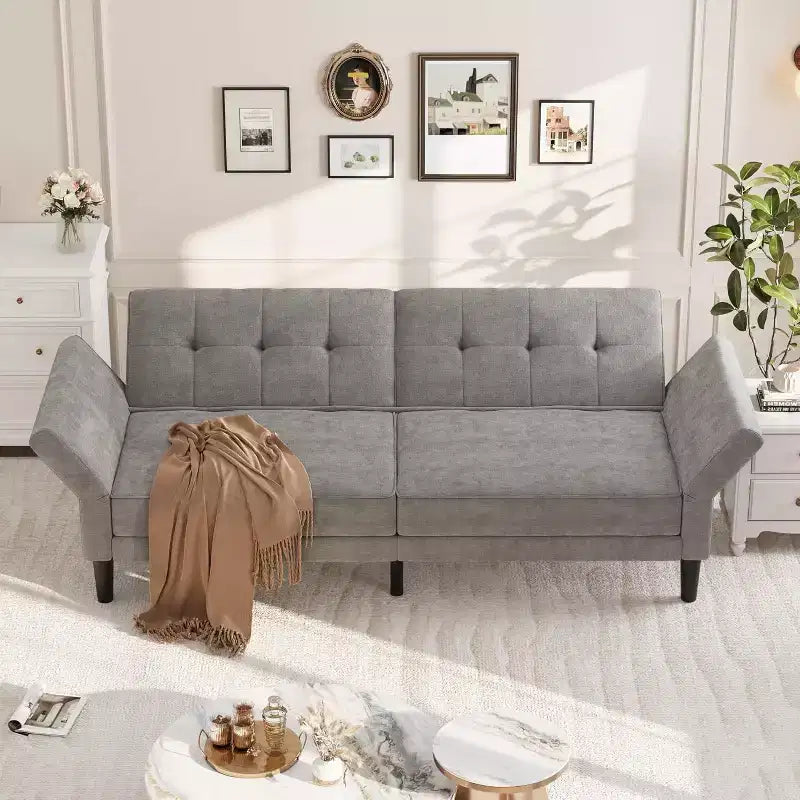 Canapé-lit convertible avec dossier et accoudoirs réglables – Causeuse-futon en chenille