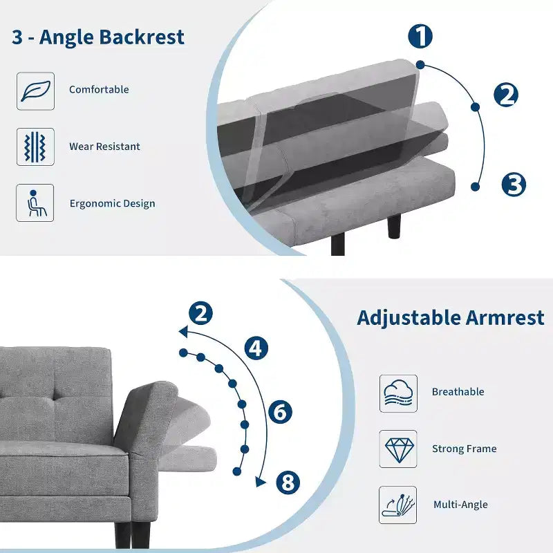 Canapé-lit convertible avec dossier et accoudoirs réglables – Causeuse-futon en chenille