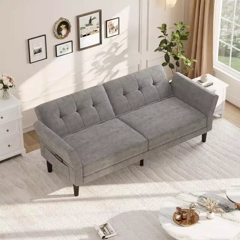 Canapé-lit convertible avec dossier et accoudoirs réglables – Causeuse-futon en chenille