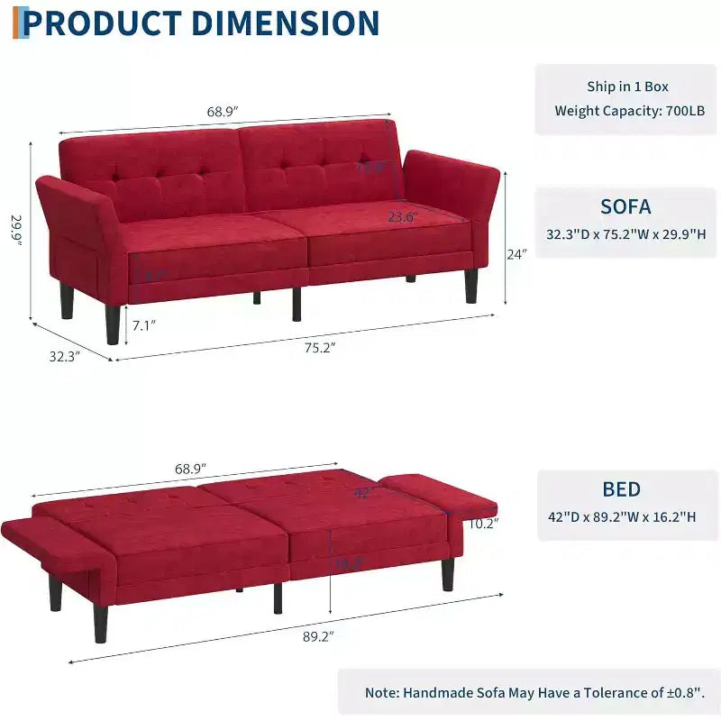 Canapé-lit convertible avec dossier et accoudoirs réglables – Causeuse-futon en chenille