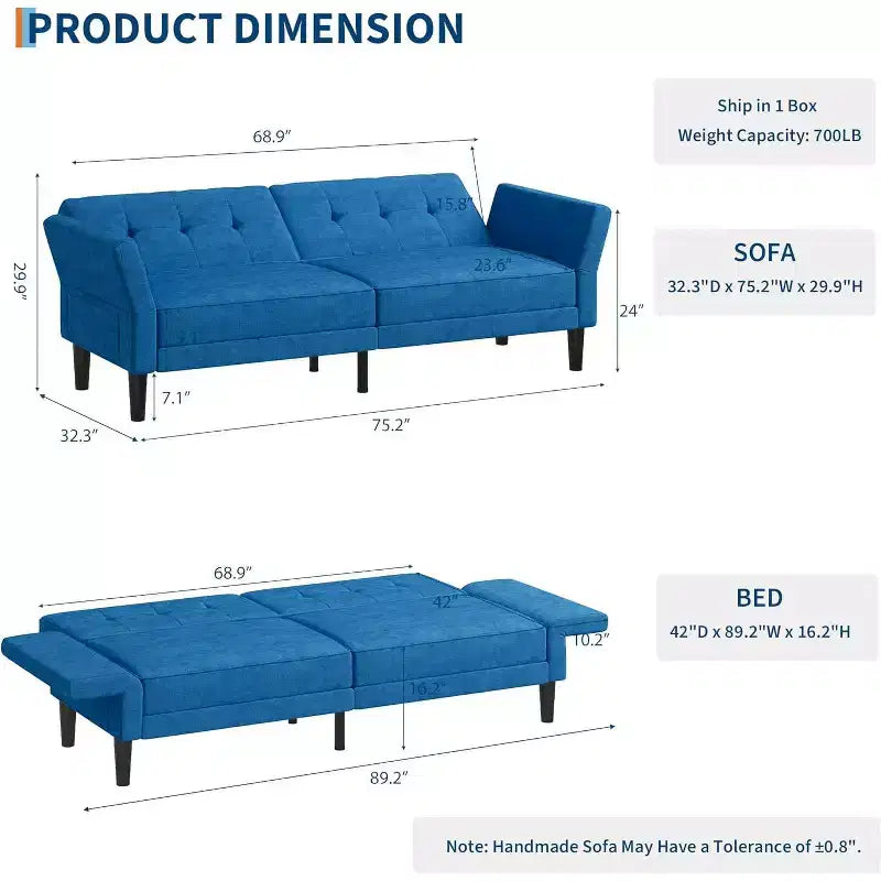 Canapé-lit convertible avec dossier et accoudoirs réglables – Causeuse-futon en chenille