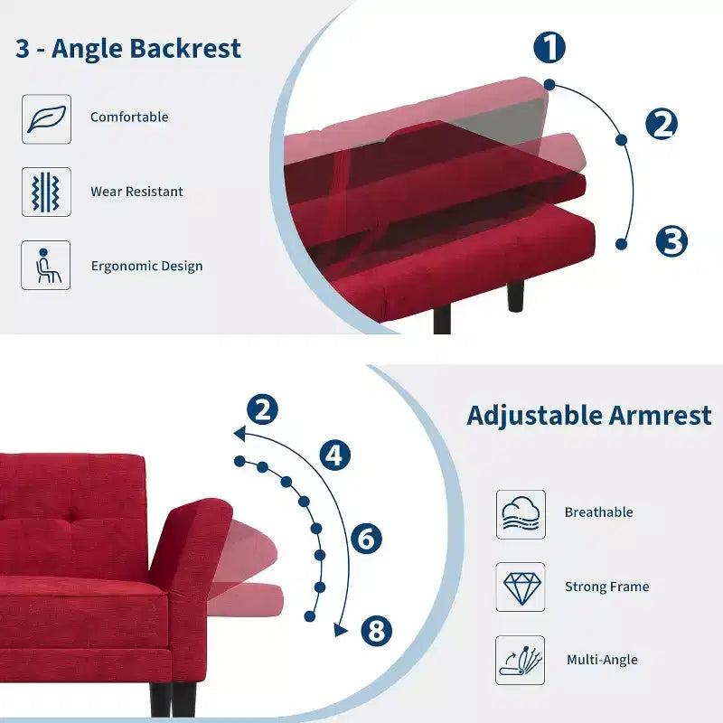 Canapé-lit convertible avec dossier et accoudoirs réglables – Causeuse-futon en chenille