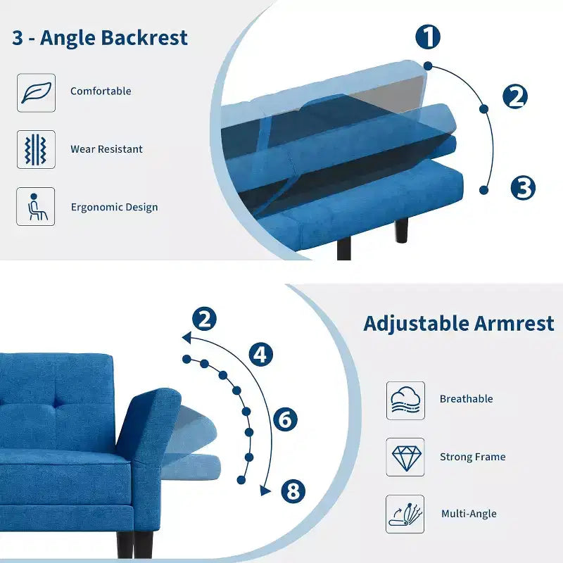 Canapé-lit convertible avec dossier et accoudoirs réglables – Causeuse-futon en chenille