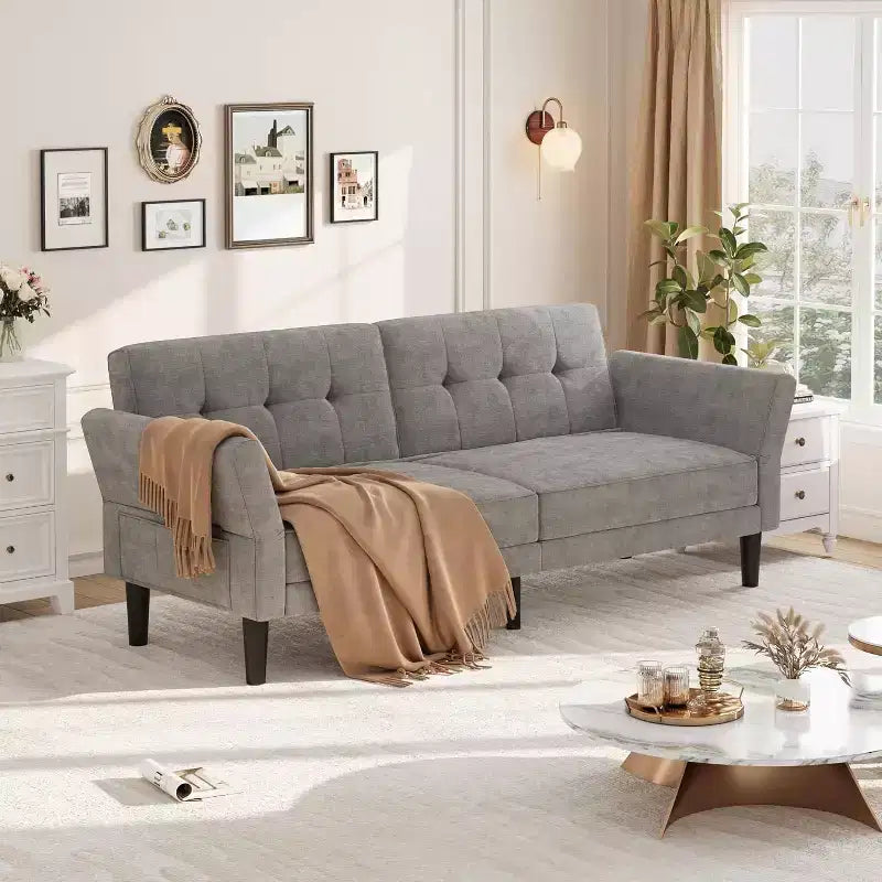 Canapé-lit convertible avec dossier et accoudoirs réglables – Causeuse-futon en chenille