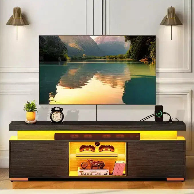 Modern TV Stand With Charging Station & LED Lights For 55/60/65 Inch TV Entertainment Center Media Console Living Room