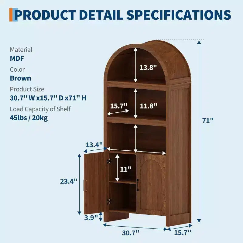 Bibliothèque arquée de 71 pouces avec armoire de rangement