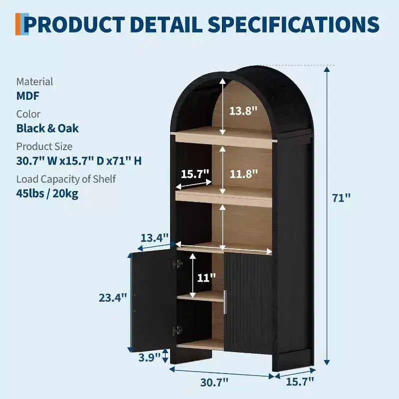 Bibliothèque arquée de 71 pouces avec armoire de rangement