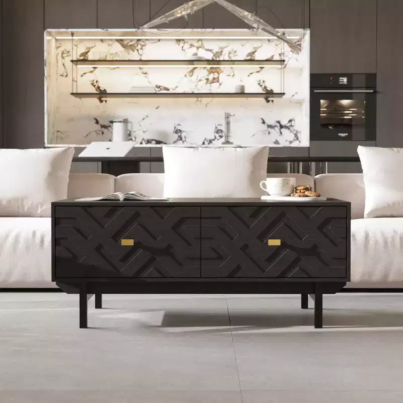 Table basse noire et dorée avec 4 tiroirs