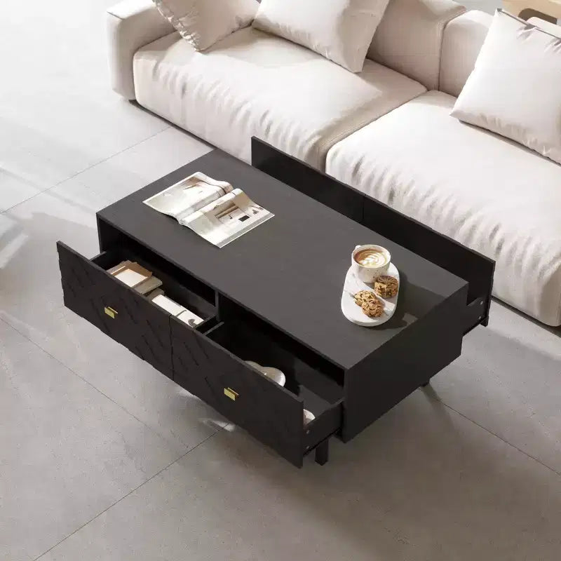 Table basse noire et dorée avec 4 tiroirs