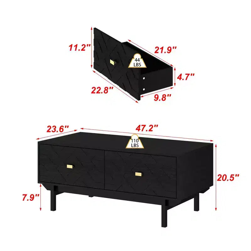 Table basse noire et dorée avec 4 tiroirs