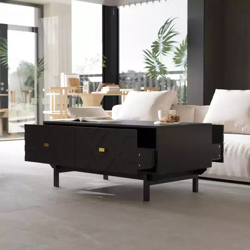 Table basse noire et dorée avec 4 tiroirs