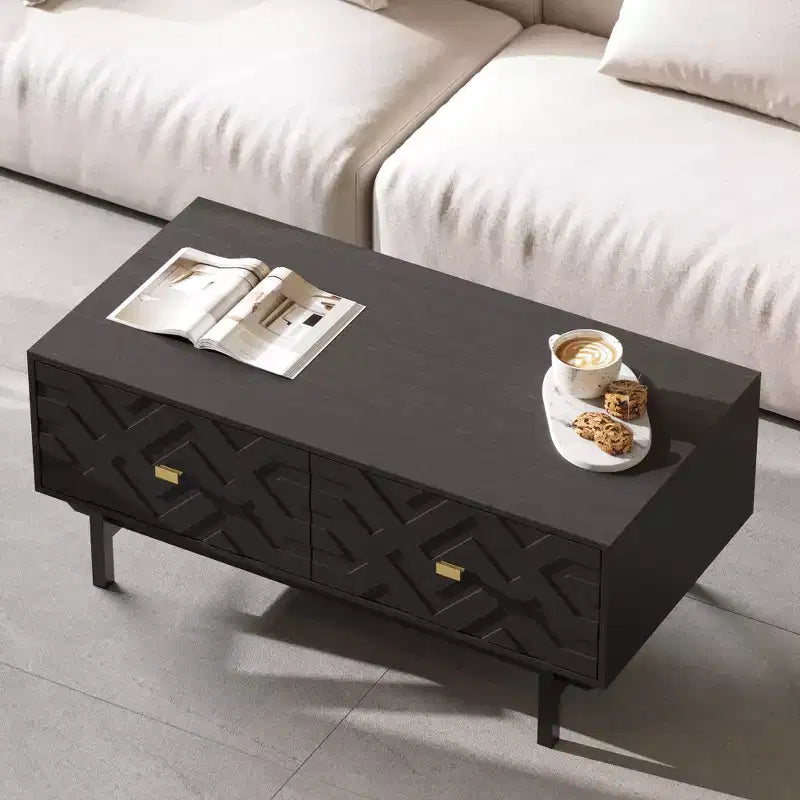 Table basse noire et dorée avec 4 tiroirs