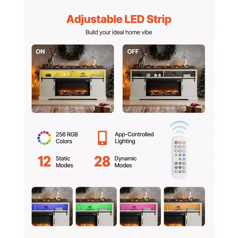 Meuble TV avec cheminée électrique et lumières LED – Convient aux téléviseurs jusqu'à 80 pouces