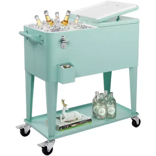 NAYSAYE 80 Quart Rolling Ice Chest Portable Bar Drink Cooler with Catch Basin, Bottom Storage Tray for Patio Party BBQ Beach, Green, 34.3*15.2*35.8