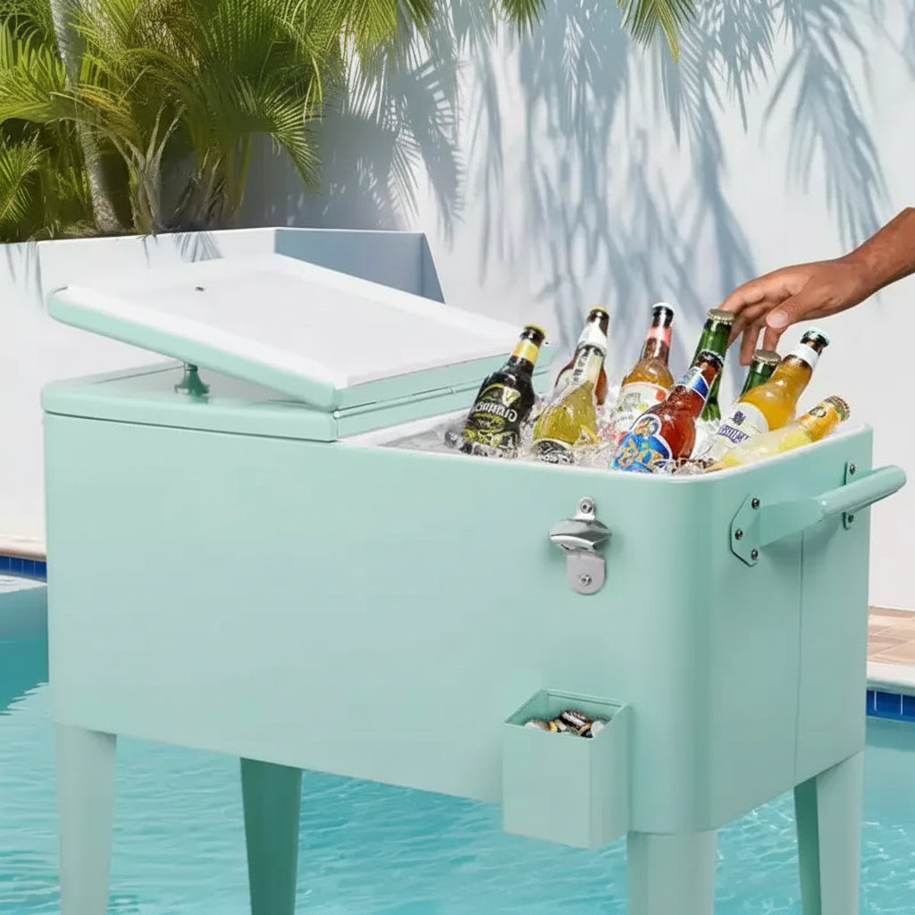 Glacière sur roulettes de 76 litres avec bac de récupération et tablette de rangement inférieure