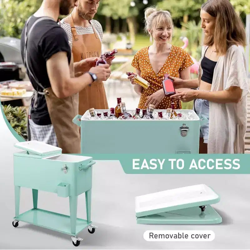 Glacière sur roulettes de 76 litres avec bac de récupération et tablette de rangement inférieure