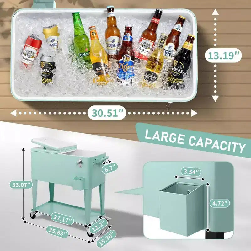 Glacière sur roulettes de 76 litres avec bac de récupération et tablette de rangement inférieure
