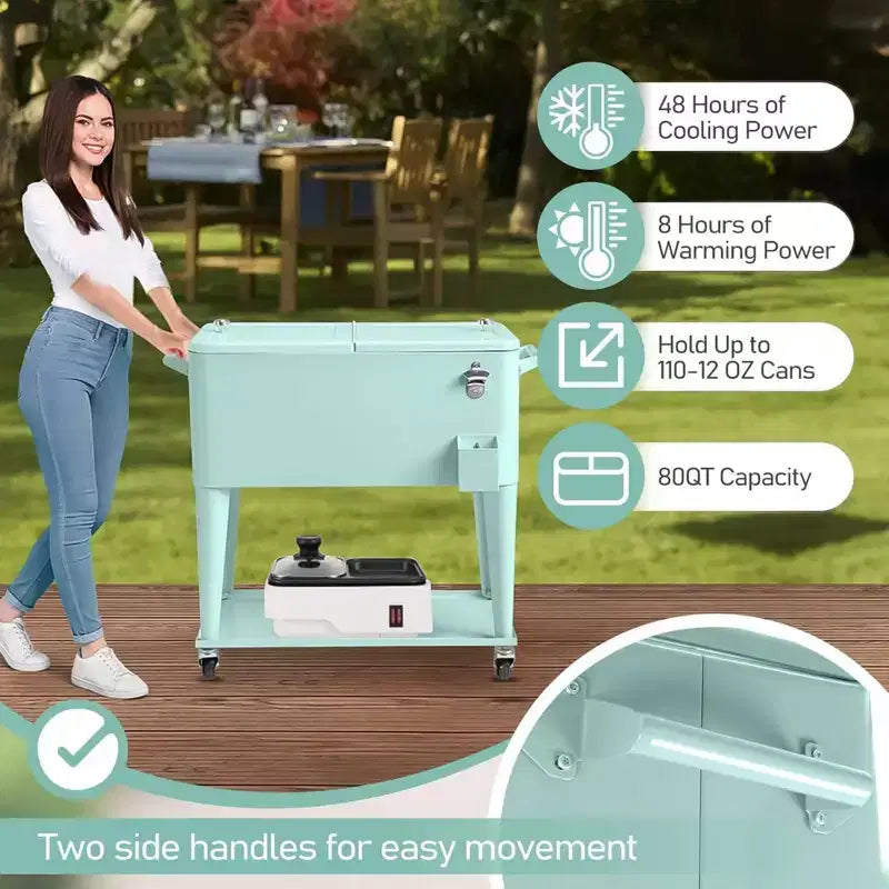 Glacière sur roulettes de 76 litres avec bac de récupération et tablette de rangement inférieure