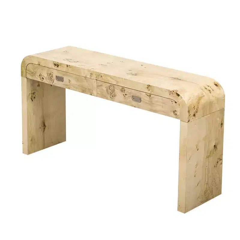 Console de 60 pouces en placage de loupe de peuplier avec 2 tiroirs