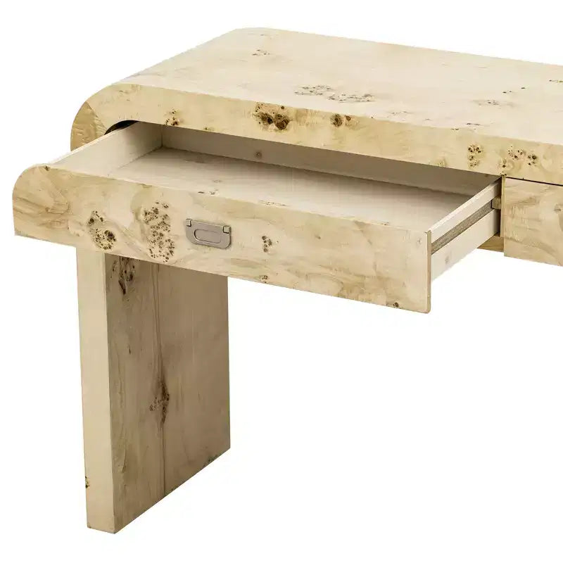 Console de 60 pouces en placage de loupe de peuplier avec 2 tiroirs