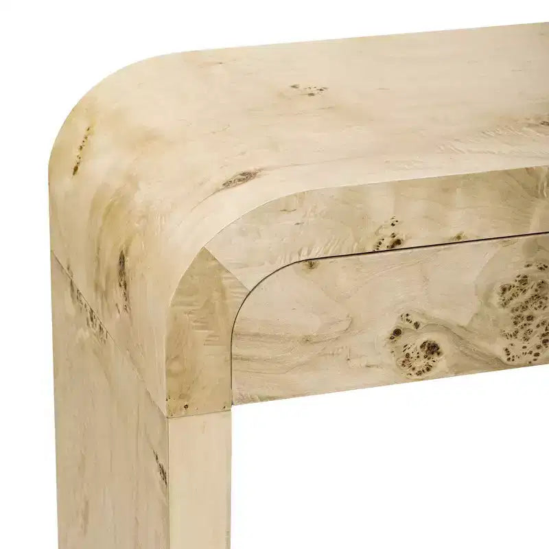 Console de 60 pouces en placage de loupe de peuplier avec 2 tiroirs