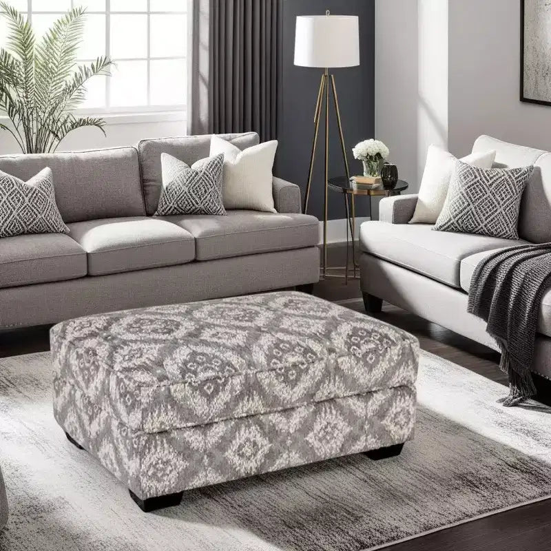 Royal Hampton Ottoman, Geometric Gray White Polyester, Solid Wood, 40 Inch