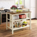 Okak Rustic Stationary Kitchen Island with Rubberwood Butcher, Kitchen Cart with 2 Open Shelves, Kitchen Island Table for Small Space, Walnut