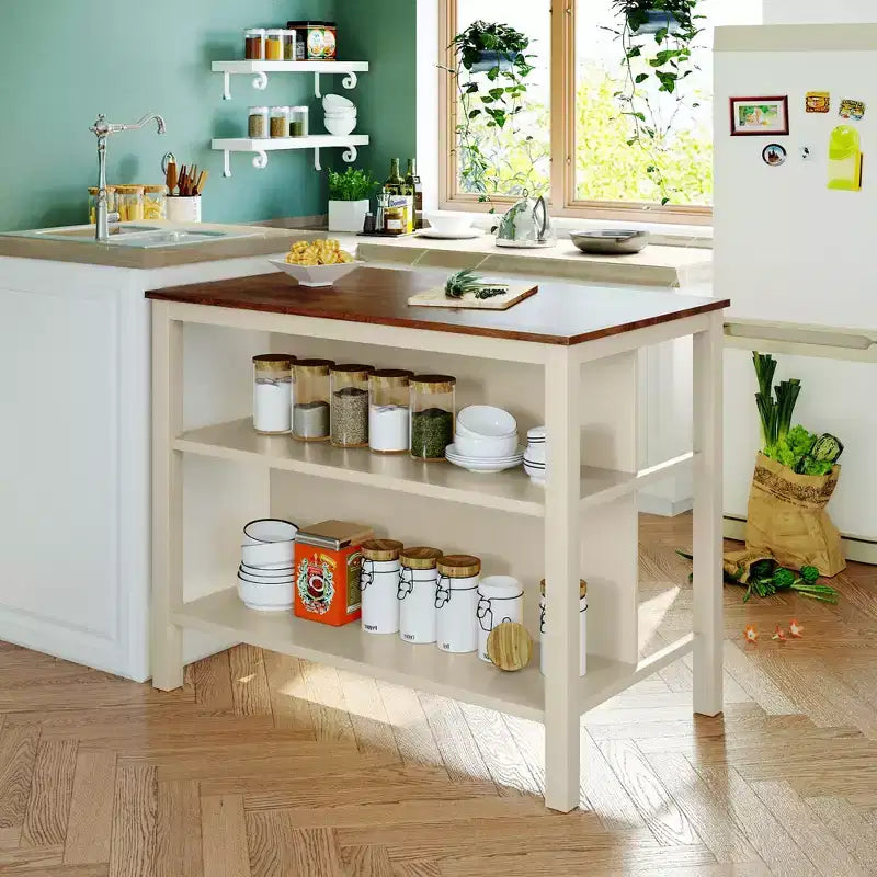 Ilot de cuisine rustique avec plateau en bois d'hévéa et 2 étagères ouvertes