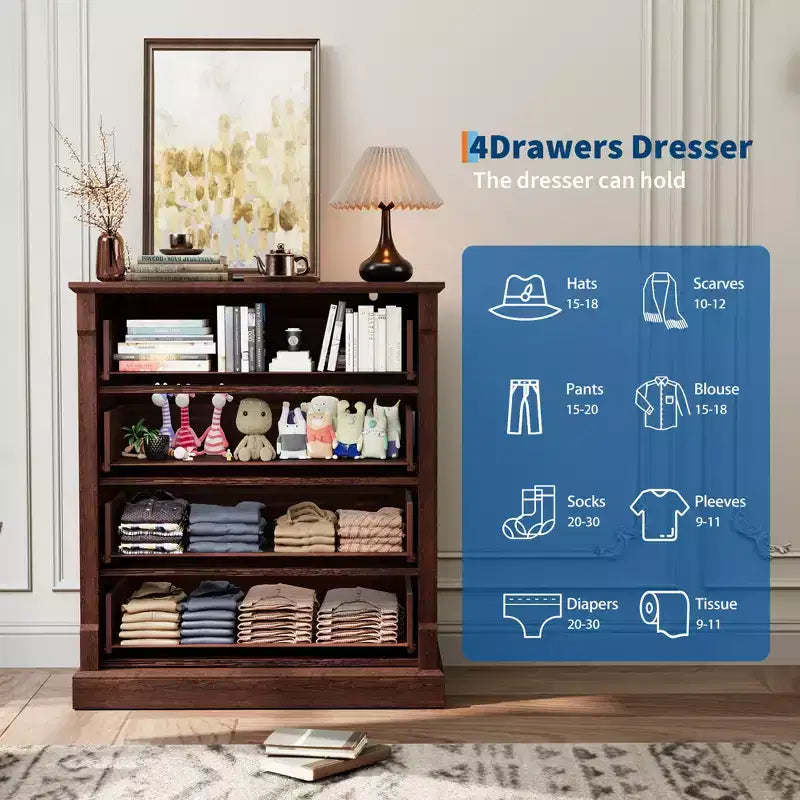 Commode 4 Tiroirs pour Chambre à Coucher, Armoire Haute de Style Ferme avec Poignées en Métal, Armoire en Bois Rustique pour Salon, Couloir