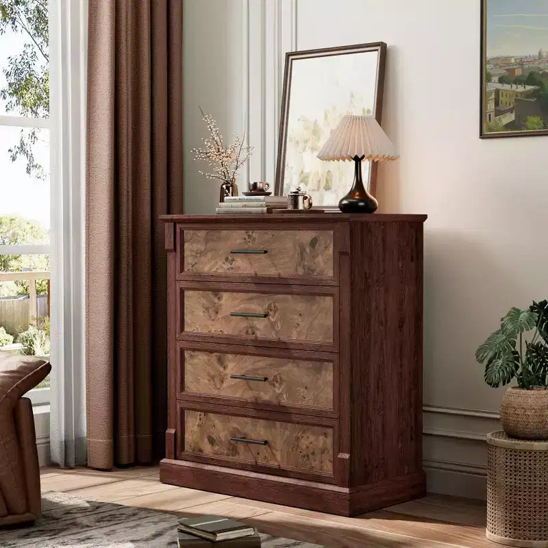 Commode 4 Tiroirs pour Chambre à Coucher, Armoire Haute de Style Ferme avec Poignées en Métal, Armoire en Bois Rustique pour Salon, Couloir
