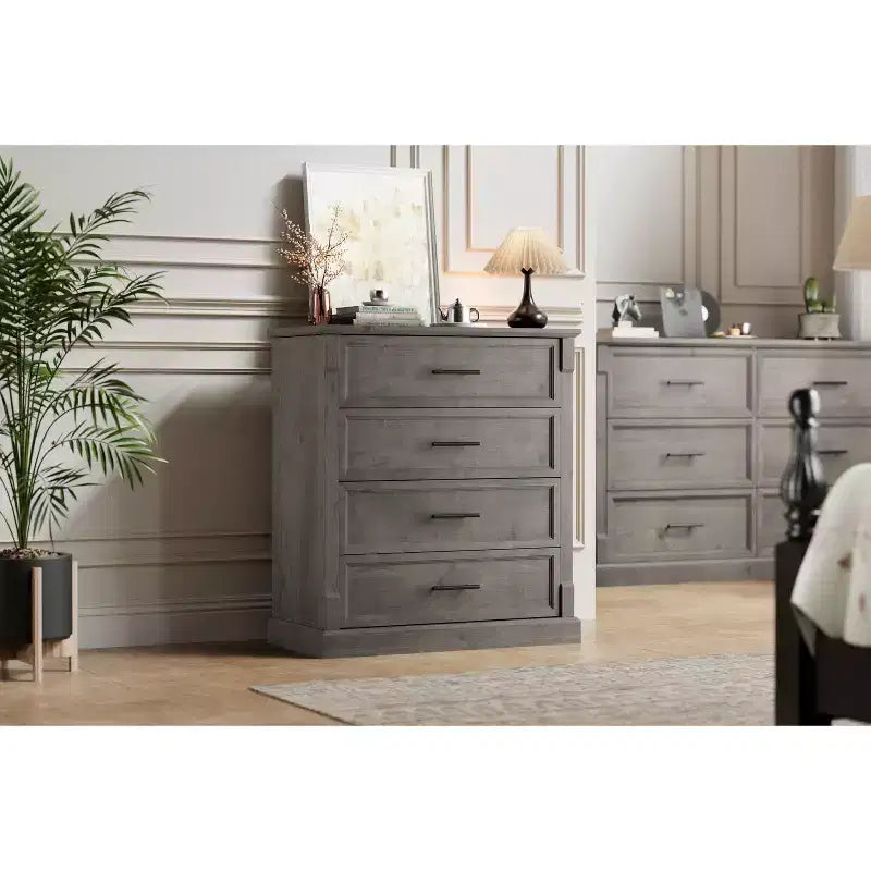 Commode 4 Tiroirs pour Chambre à Coucher, Armoire Haute de Style Ferme avec Poignées en Métal, Armoire en Bois Rustique pour Salon, Couloir