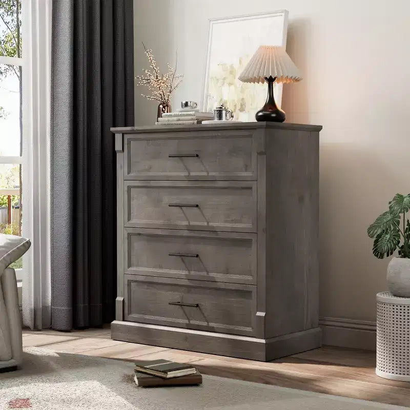 Commode 4 Tiroirs pour Chambre à Coucher, Armoire Haute de Style Ferme avec Poignées en Métal, Armoire en Bois Rustique pour Salon, Couloir