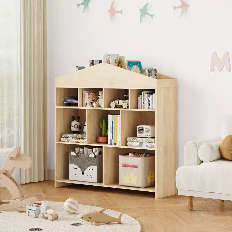 Bibliothèque de rangement pour enfants à 9 compartiments avec design de maison de poupée