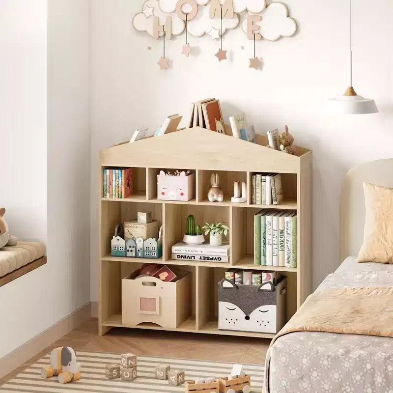 Bibliothèque de rangement pour enfants à 9 compartiments avec design de maison de poupée
