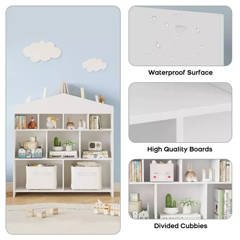 Bibliothèque de rangement pour enfants à 9 compartiments avec design de maison de poupée