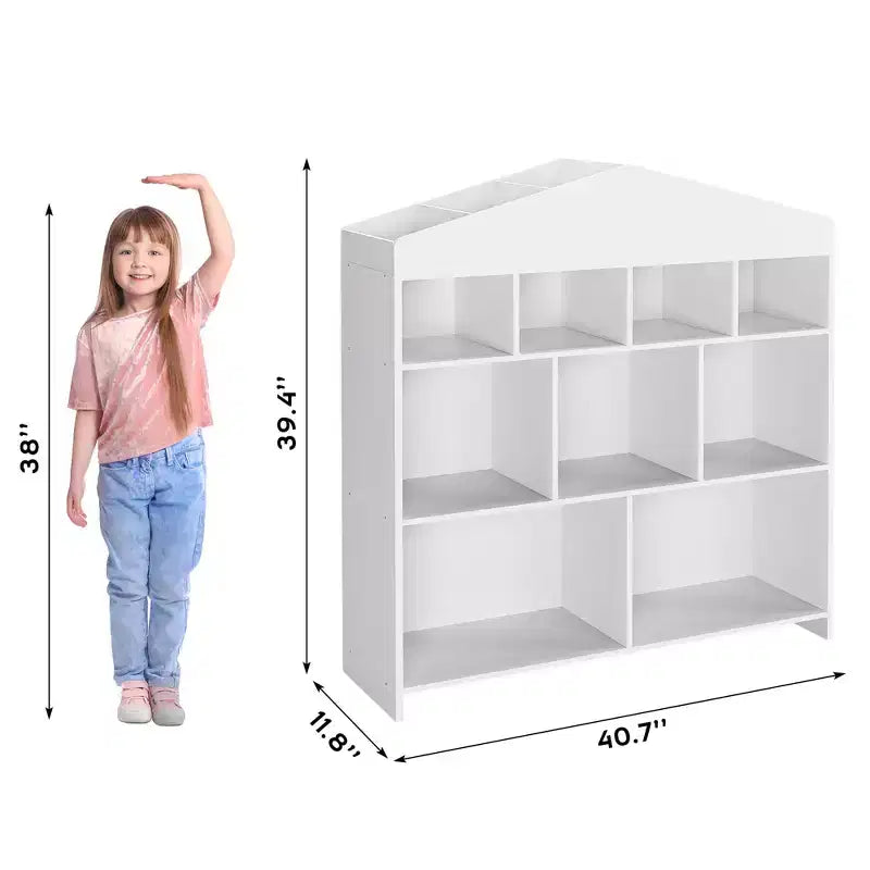 Bibliothèque de rangement pour enfants à 9 compartiments avec design de maison de poupée