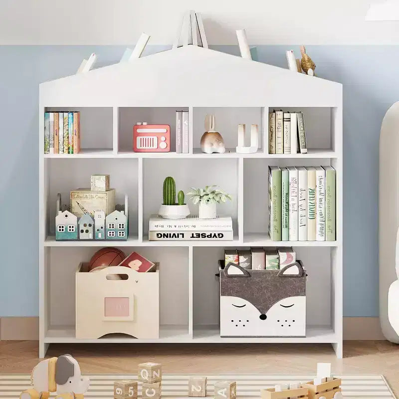 Bibliothèque de rangement pour enfants à 9 compartiments avec design de maison de poupée