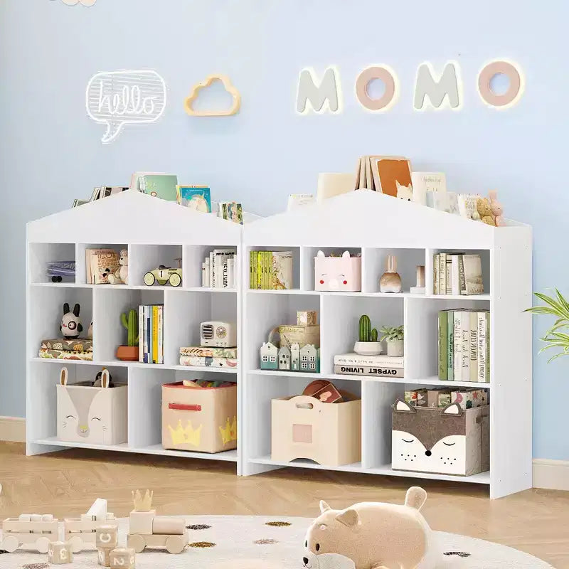 Bibliothèque de rangement pour enfants à 9 compartiments avec design de maison de poupée
