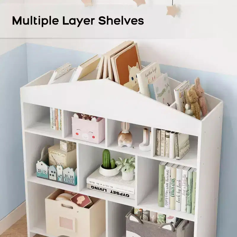 Bibliothèque de rangement pour enfants à 9 compartiments avec design de maison de poupée