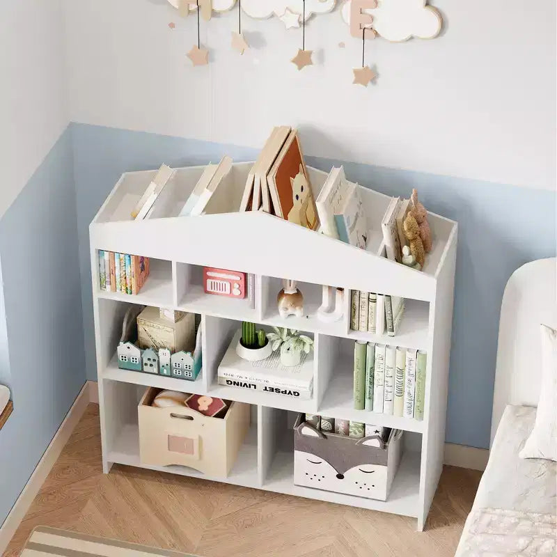 Bibliothèque de rangement pour enfants à 9 compartiments avec design de maison de poupée