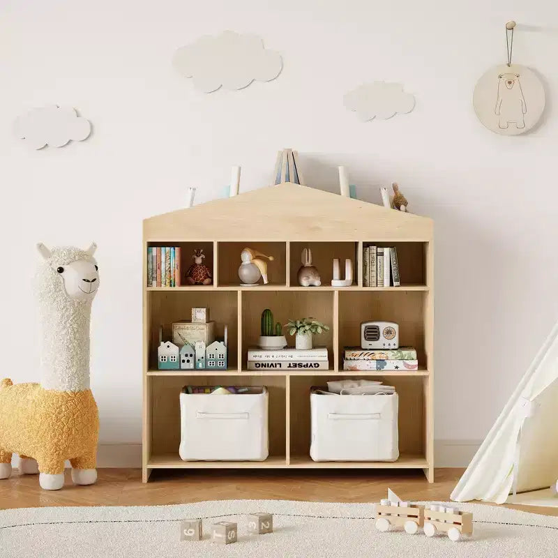 Bibliothèque de rangement pour enfants à 9 compartiments avec design de maison de poupée