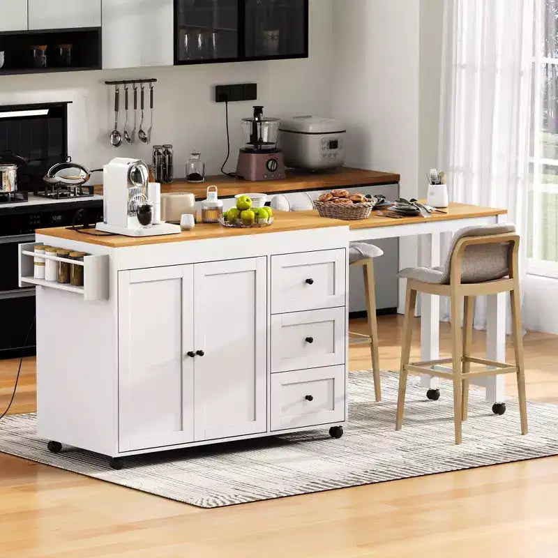 Îlot de cuisine avec table extensible, rangement et prise électrique