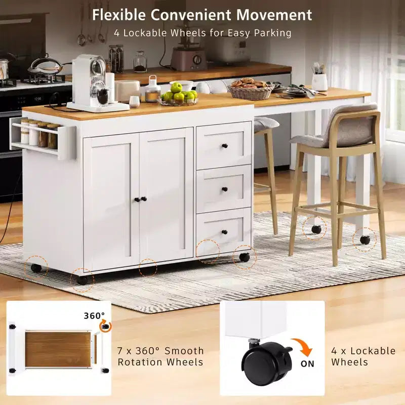 Îlot de cuisine avec table extensible, rangement et prise électrique