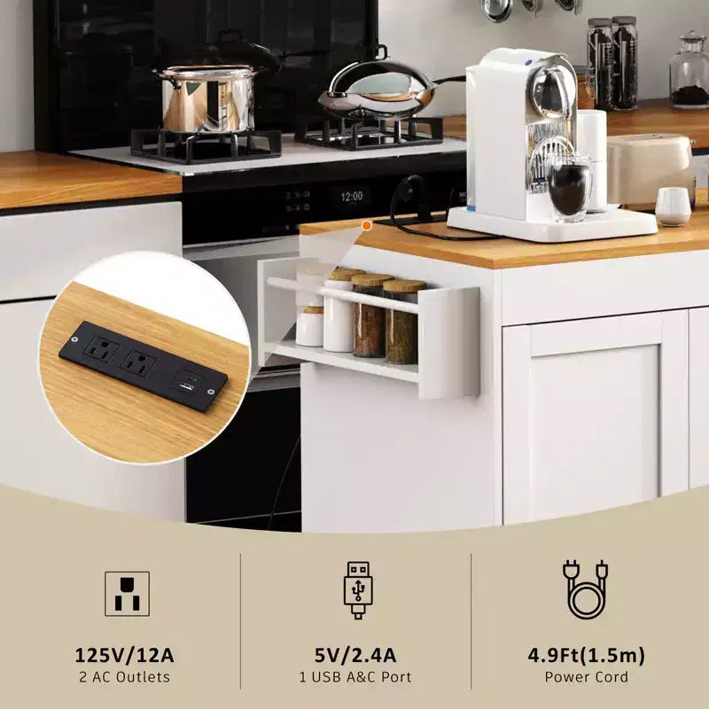 Îlot de cuisine avec table extensible, rangement et prise électrique