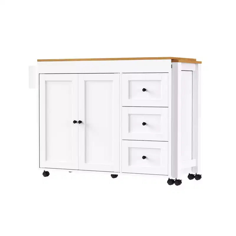 Îlot de cuisine avec table extensible, rangement et prise électrique