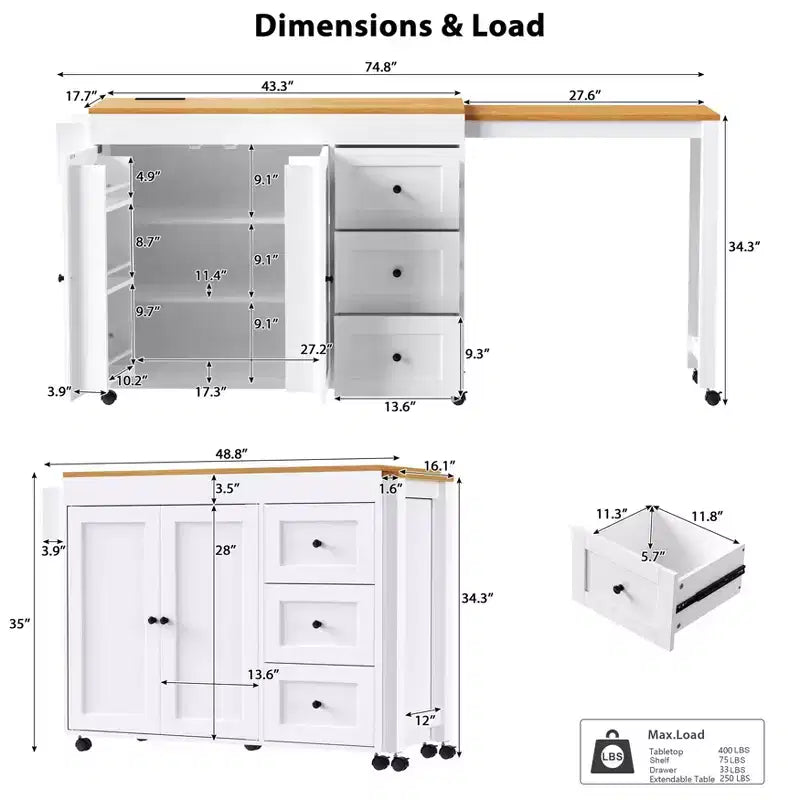 Îlot de cuisine avec table extensible, rangement et prise électrique
