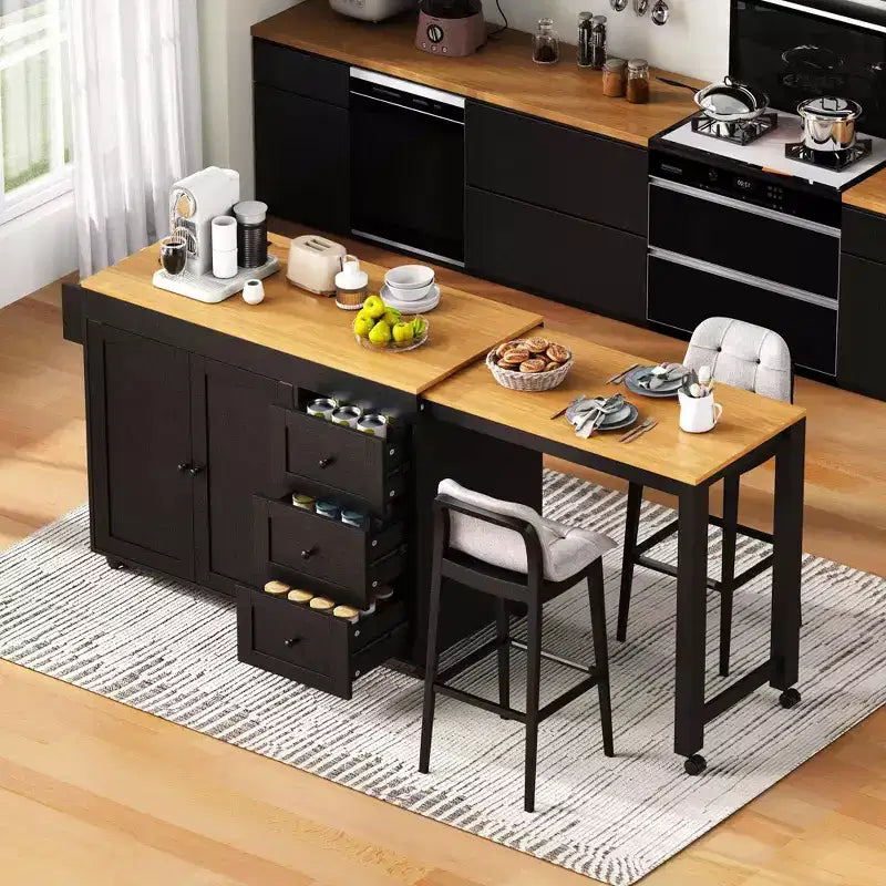 Îlot de cuisine avec table extensible, rangement et prise électrique