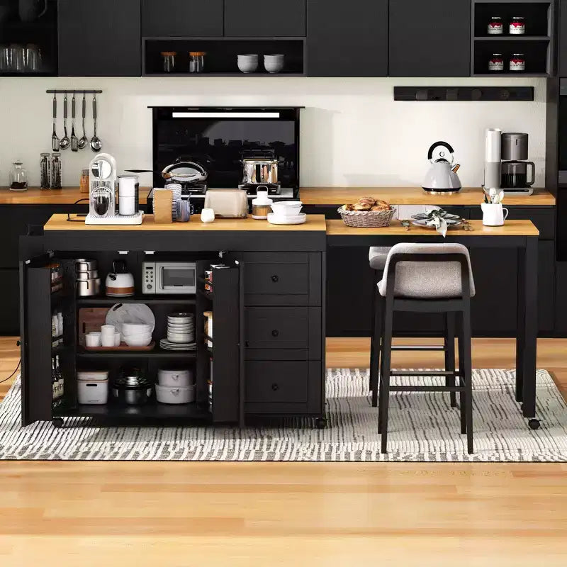 Îlot de cuisine avec table extensible, rangement et prise électrique