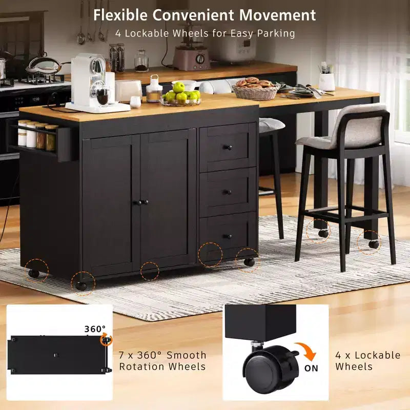 Îlot de cuisine avec table extensible, rangement et prise électrique