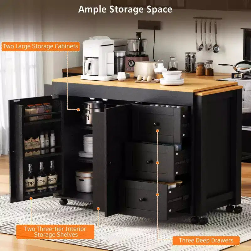Îlot de cuisine avec table extensible, rangement et prise électrique